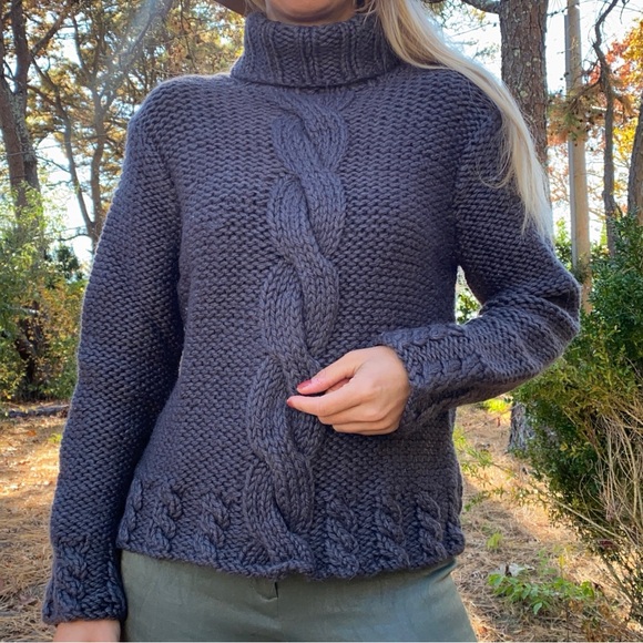 ❄️ WILLI SMITH GREY MIDNIGHT BLUE CHUNKY WOOL HAND KNIT TURTLENECK SWEATER! - Picture 1 of 9